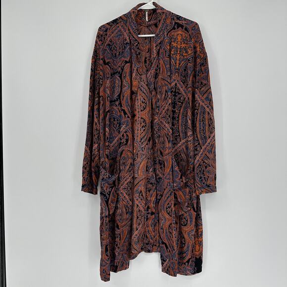 Free People Kimono Cardigan Womens Small Black Paisley Open Front Boho Duster - Picture 2 of 13